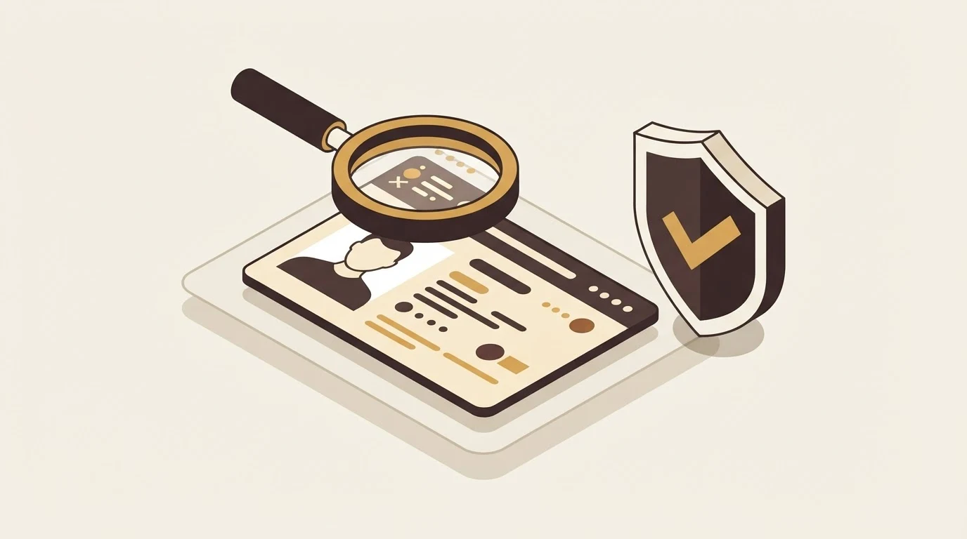Isometric illustration of a magnifying glass inspecting an identity document with a checkmark shield