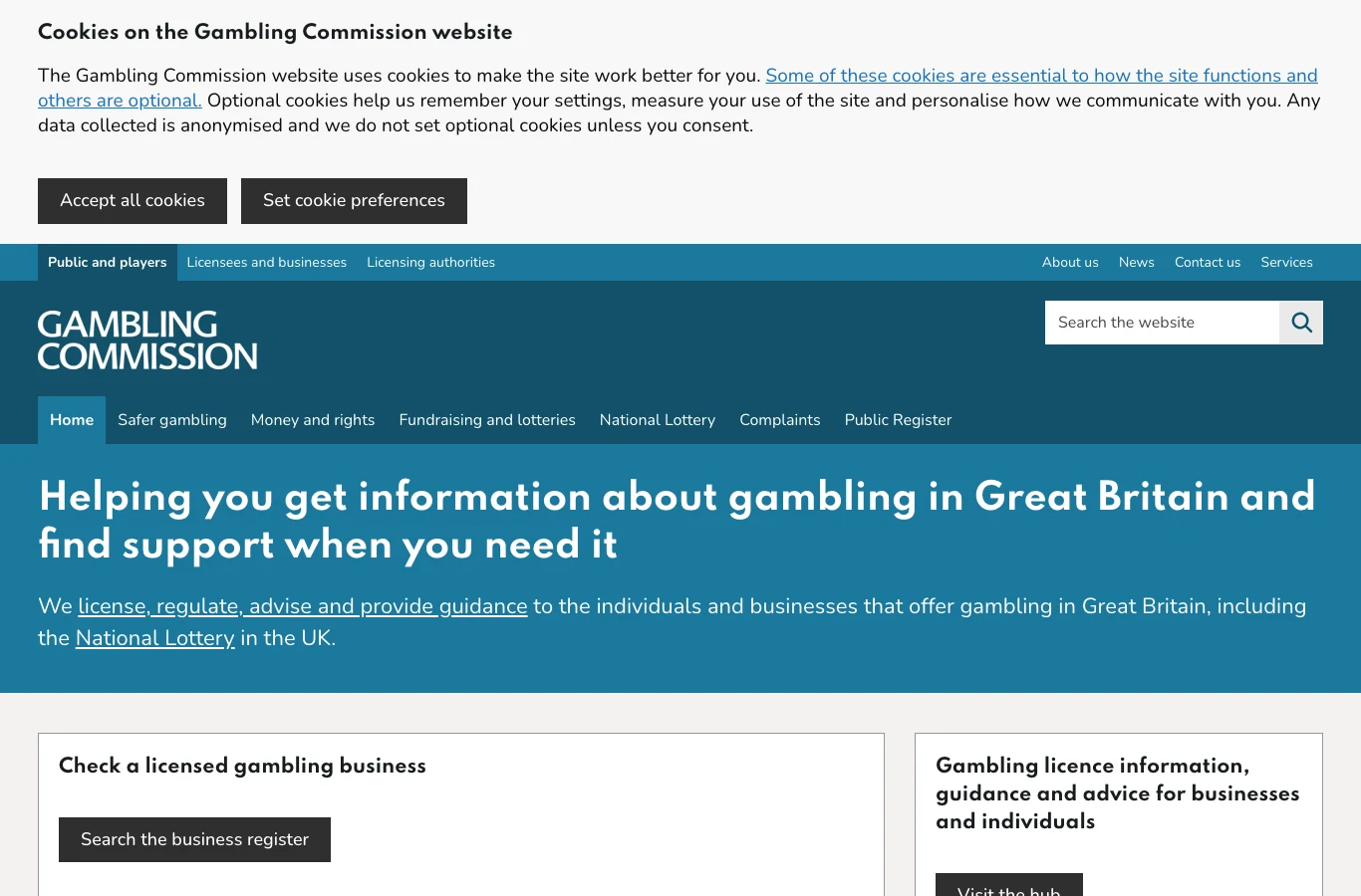 Screenshot of the UK Gambling Commission official website homepage