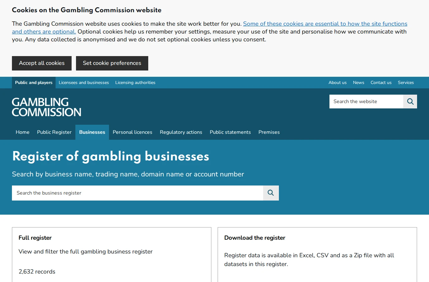 UK Gambling Commission public register of licensed gambling businesses